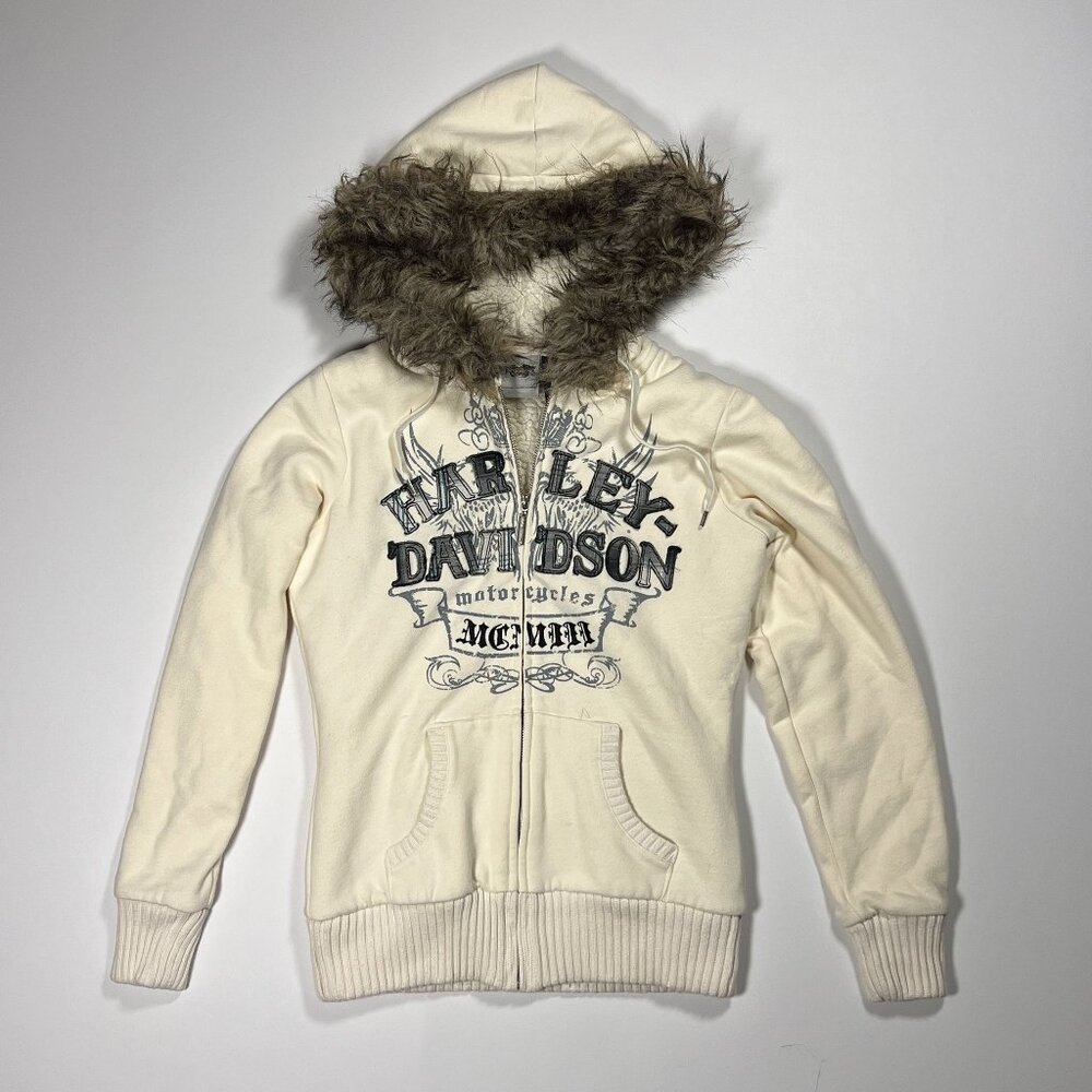 Harley Davidson Vintage Fur Hood Zip-Up Rare Y2K Biker